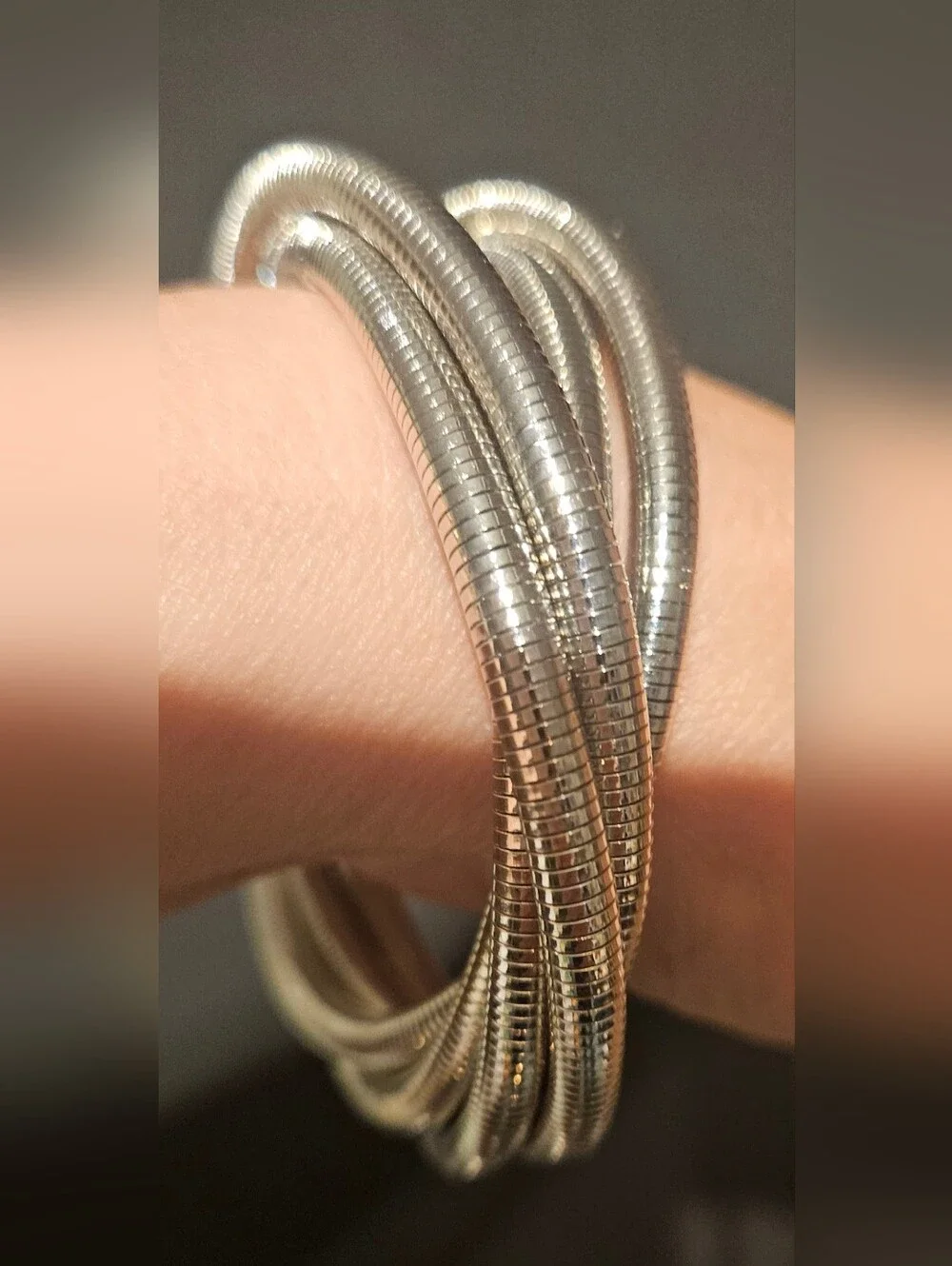 Silver Tassel Pendant Necklace with Matching Stackable Snake Bangle Set